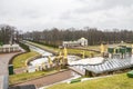 View of parks and fountains of Peterhof in winter. Central Alley of Grand cascade