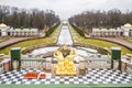 View of parks and fountains of Peterhof in winter. Central Alley of Grand cascade