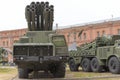 ST.Petersburg, combat vehicle 9A52 300-mm reactive volley-fire systems Smerch 9K58 in a military artillery Museum. Royalty Free Stock Photo