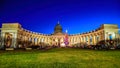 Night view of russian orthodox church Kazan Cathedral with New Year`s fir-tree at snowless winter on Nevsky Prospect. Saint-