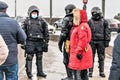 St. Petersburg, Russia, January 23, 2021. Police officers in full protective uniforms during the blockade of city bridges.