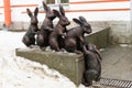 St. Petersburg, Russia, January 2, 2019. Sculptural group of bronze hares in the courtyard of the Peter and Paul Fortress.