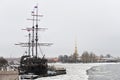 Flying Dutchman sailing ship. Winter Day at the waterfront in St. Petersburg, Russia Royalty Free Stock Photo