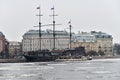 Flying Dutchman sailing ship. Winter Day at the waterfront in St. Petersburg, Russia Royalty Free Stock Photo