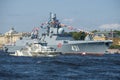 Anti-sabotage boat of the Grachonok type and guard ship frigate `Admiral of the Fleet Kasatonov` Royalty Free Stock Photo