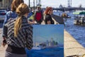 The artist paints a landscape on the Neva Embankment in St. Petersburg. A woman drawing a picture on the street