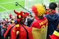 Friends supporters watching game of Belgium national football team.