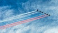 St. Petersburg, Russia. - July 28, 2022: The group of Russian fighters Sukhoi Su-25 in the sky