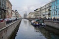 St. Petersburg, Russia - November, 2020 Historic, picturesque Griboyedov canal and street to Church on spilled blood
