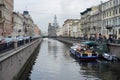 St. Petersburg, Russia - November, 2020 Historic, picturesque Griboyedov canal and street to Church on spilled blood