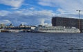 Moored white tourist motor ship