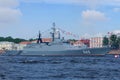 The patrol ship 2 ranks `Stoykiy` against the background of Universitetskaya Embankment. Navy Day in Saint Petersburg