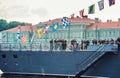 ST.PETERSBURG, RUSSIA - JULY 23, 2019 - Russian warship with crew at celebration of the Navy Day Royalty Free Stock Photo