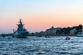 St. Petersburg, Russia, July 2018. Russian warship on the river in the city center at sunset.