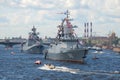 Russian warships `Stoiky` and `Admiral Makarov` in the water area of the Neva river