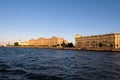 St. Petersburg, Russia, July 2019. Vasilyevsky Island from the river at sunset.