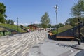 View of the alley of heroes of the Russian fleet in the park Island of Forts in Kronstadt