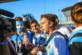 St. Petersburg, Russia - June 26, 2018: Journalist interviewing sport fans of Argentina national football team. Royalty Free Stock Photo