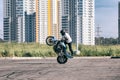 St. Petersburg, Russia - June 2019: moto rider making doing a difficult and dangerous stunt on his motorbike