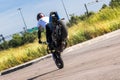 St. Petersburg, Russia - June 2019: moto rider making doing a difficult and dangerous stunt on his motorbike