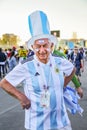 St. Petersburg, Russia - June 26, 2018: Smiling old fan of Argentina national football team Royalty Free Stock Photo