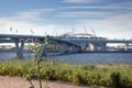 St. Petersburg, Russia - June 16, 2021: View from Neva river and Finnish Gulf to new stadium Arena Zenith and high-speed