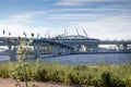 St. Petersburg, Russia - June 16, 2021: View from Neva river and Finnish Gulf to new stadium Arena Zenith and high-speed