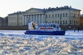 The boat is MOE from ice blocks from the University embankment a