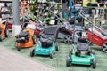 ST. PETERSBURG, RUSSIA - MARCH, 2019: Lawn mowers for sale. Many brands are recognizable