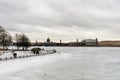 St. Petersburg, Russia, March 10, 2019. The Neva River covered with ice and the Spit of Vasilyevsky Island.