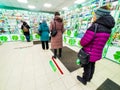 St. Petersburg Russia March 11, 2022 People queue at the Pharmacy keeping their distance during the coronavirus pandemic.