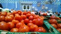 Red tomatoes in supermarket. Vegetables in farmers eco market. Retail industry. Product supply. Grocery store. Shop. Fresh food Royalty Free Stock Photo