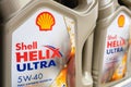ST. PETERSBURG, RUSSIA - MARCH, 2019: Shell Helix Ultra engine oil on supermarket shelves