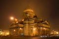 St. Isaac`s Cathedral in the nght march fog. Saint Petersburg