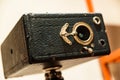 A vintage box photo camera close up in the Museum of the history of photography Royalty Free Stock Photo