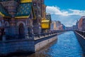 ST. PETERSBURG, RUSSIA, 02 MAY 2018: Church of the Savior with a view of the Moyka River canal, the church is one of the