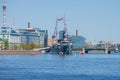 Cruiser `Avrora` in the cityscape. Saint Petersburg