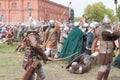 St. Petersburg, Russia - May 27, 2017: Demonstrative historical battle on the ancient weapons. Historical reconstruction of sword
