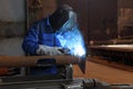 Welding of metal structures, worker welds metal structural elements.