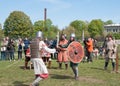 Historical reconstruction of sword fighting. Demonstrative fight with swords in St. Petersb