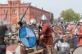 St. Petersburg, Russia - May 27, 2017: Historical reconstruction of sword fighting. Demonstrative fight with swords in St. Petersb