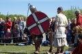 St. Petersburg, Russia - May 27, 2017: Historical reconstruction of sword fighting. Demonstrative fight with swords in St. Petersb