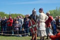 St. Petersburg, Russia - May 27, 2017: Historical reconstruction of sword fighting. Demonstrative fight with swords in St. Petersb Royalty Free Stock Photo