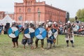 St. Petersburg, Russia - May 27, 2017: Historical reconstruction of sword fighting. Demonstrative fight with swords in St. Petersb