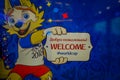 ST. PETERSBURG, RUSSIA, 02 MAY 2018: The official mascot of the 2018 FIFA World Cup wolf Zabivaka on the theatrical