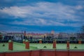 ST. PETERSBURG, RUSSIA, 17 MAY 2018: Outdoor view of unidentified people walking in a green rooftop close to old