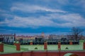 ST. PETERSBURG, RUSSIA, 17 MAY 2018: Outdoor view of unidentified people walking in a green rooftop close to old