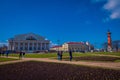 ST. PETERSBURG, RUSSIA, 01 MAY 2018: Outdoor view of Vasilyevsky Island and Exchange building on the Spit with Rastral