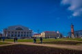 ST. PETERSBURG, RUSSIA, 01 MAY 2018: Outdoor view of Vasilyevsky Island and Exchange building on the Spit with Rastral