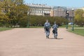 Russian police patrol on the Champ de Mars in St. Petersburg, rear view. The inscription on the back - Rosgvardia